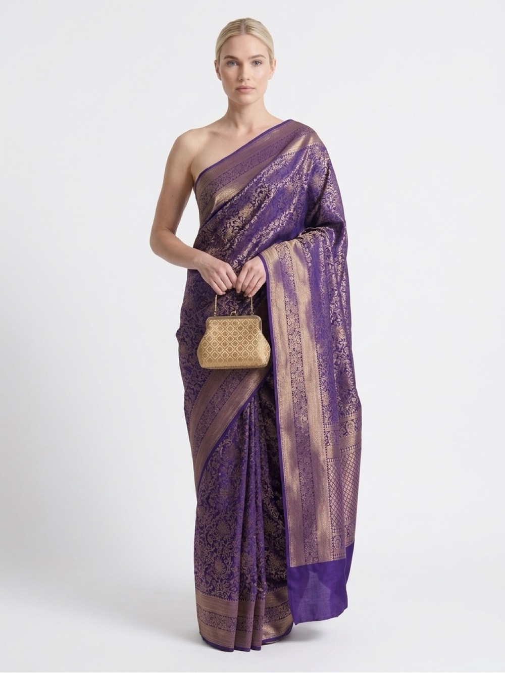 Premade Lavish Purple and Gold Woven Silk ready to wear Saree with Matching Blou - Picture 3 of 12